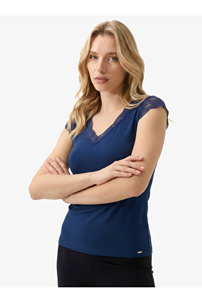 Blackspade Tricou de damă, albastru marin, confortabil, cu dantelă 1348