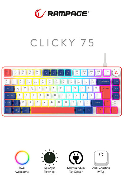 Rampage Clicky 75 Üç Renkli Mekanik Hisli RGB Türkçe Q Membrane Oyuncu Klavyesi