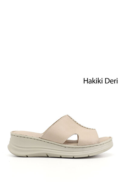 GÖNDERİ(R) Women's Beige Wedge Sole Genuine Leather Slippers