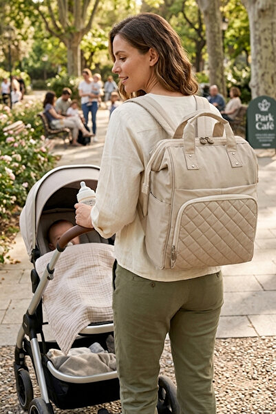FOCUX -07 Klinkır Anne Bakım Bebek Çantası Anne Çantası Sırt Çantası KUM