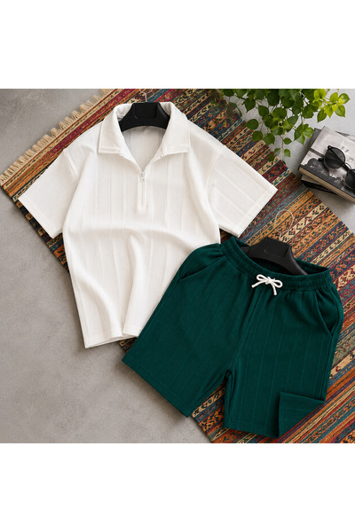 WENMİNG Men's Ottoman Fabric Zipper T-Shirt Shorts Summer Bottom Top Set