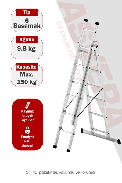 ASVERA 3X2 = 6 METRE "A" TİPİ 3 PARÇA LI ALÜMİNYUM MERDİVEN