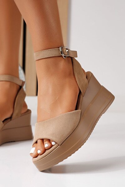 Zaira Sandale cu platforma dama khaki din piele ecologica intoarsa Astrid #25...