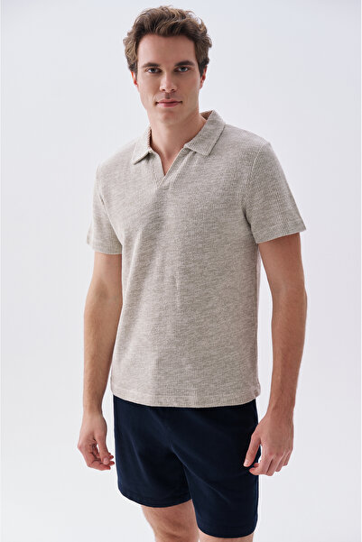 Mudo Men's Khaki Polo Neck Short Sleeve T-Shirt