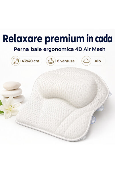 iTin Pernă Baie 4D Air Mesh, 6 Ventuze Antiderapante, Ergonomică, Alb, 43×40 cm