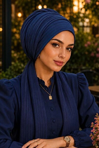 Aişe tesettür Lacivert Çizgili Atkılı Bone