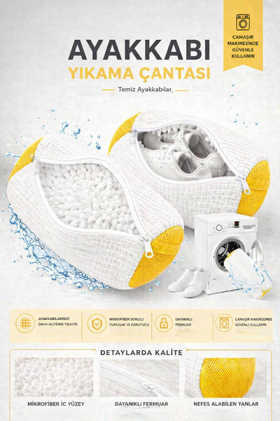 Ferzin Ayakkabı Yıkama Çantası Makarna Kumaş fermuarlı Sarı