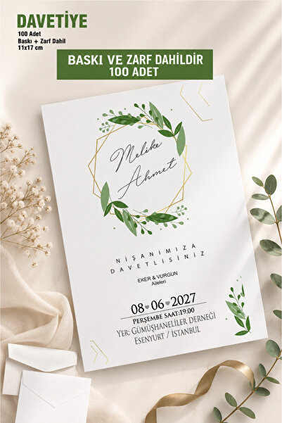 Hsn Nişan Düğün Davetiyesi Baskılı Zarflı 100 Adet