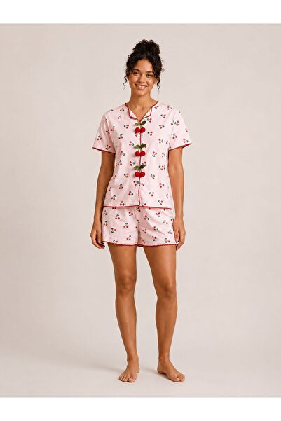 GAMDELLE MODA Women's Cherry Patterned Pajama Set with Pompom Detail