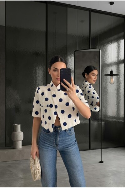 LOKADI Women's White Polka Dot Crop Blazer Jacket - Short Sleeve Classic Vint...