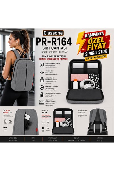 Classone PR-R164 Roma Series, WTXpro, Waterproof Fabric 15.6" Compatible Laptop, Notebook Backpack - Gray
