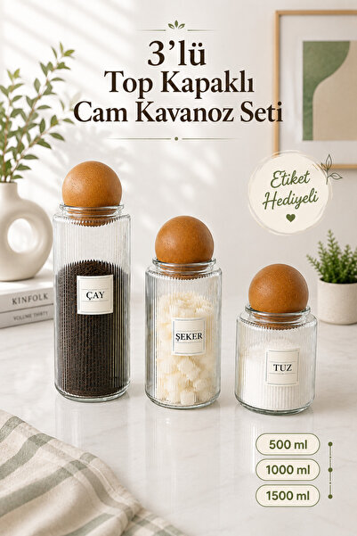Lizzy 3'lü Ahşap TOP Kapaklı Çay Şeker Kahve Tuz Kavanozu Cam 3 BOY