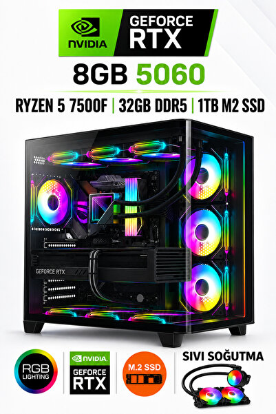 Dmc CLASSY X19 Windows 11 / RYZEN 5 7500F 32GB RAM,1TB M2,8GB RTX5060 Sıvı So...