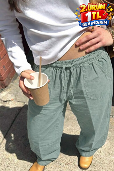 DAMGA JEANS بنطلون نسائي صيفي فضفاض من الكتان باللون الأخضر الفاتح من Relax Fit