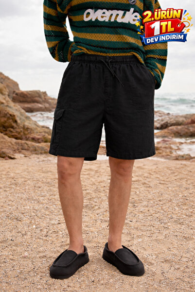 DAMGA JEANS Men's Low Waist Premium Cargo Pocket Black Linen Shorts
