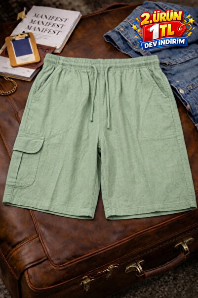 DAMGA JEANS Pantaloni scurți din in verde, stil cargo, la modă, pentru bărbaț...