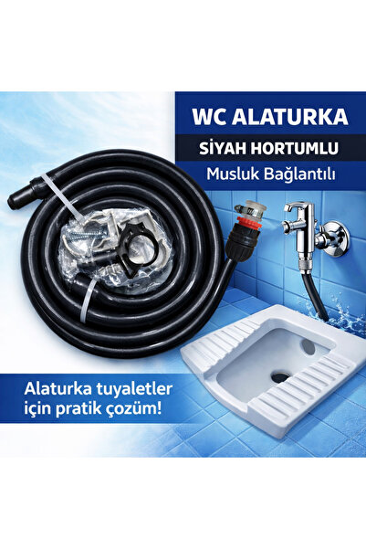 PLASYAY Düz Wc Banyo Taharet Matik Hortumu Kelepçe Adaptörlü Set 100 Cm Siyah...