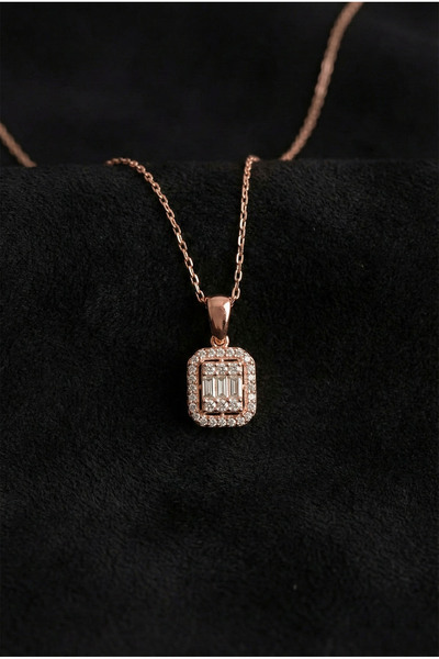 Roza Silver 925 Ayar Zirkon Taşlı Rose Üç Sıra Baget Gümüş Kolye