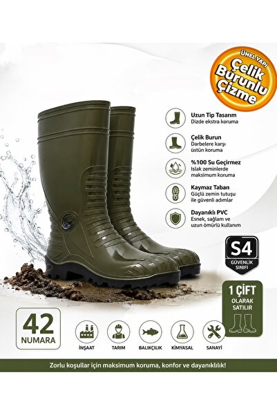 Pala Palalı P42 Pvc Çelik Burunlu Güvenlik Çizmesi Uzun S4 Çizme 42 Numara