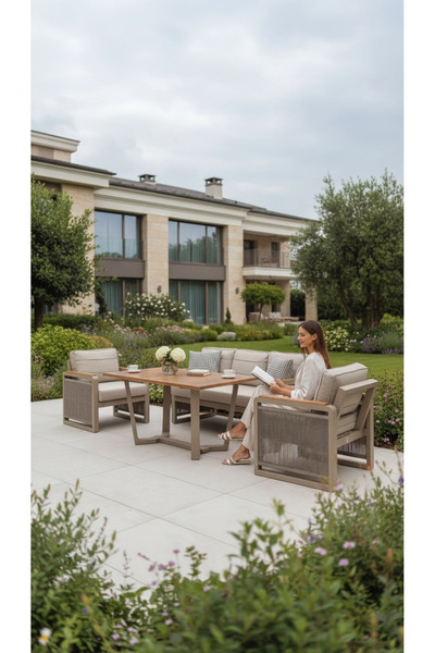 BALCO HOME Gelincik 3+1+1+Masa Alüminyum Bahçe Balkon Oturma Grubu Cappucino