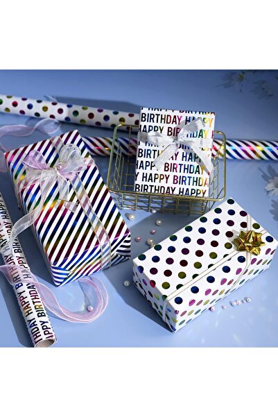 Arabest 3 Rolls Wrapping Paper, Rainbow Gold Foil Gift Wrap, Stripes, Dots, H...