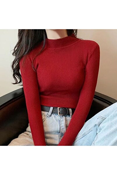 Choice One Size Burgundy Autumn Winter Mock Neck Women Sweater Vintage Basic ...
