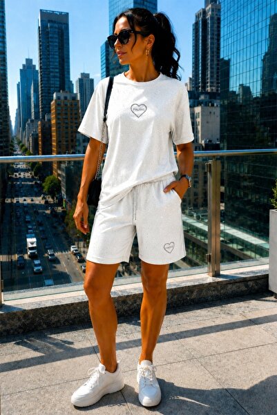 FashionForYou Women's SORINA set, sequins, shorts and sport t-shirt with logo...