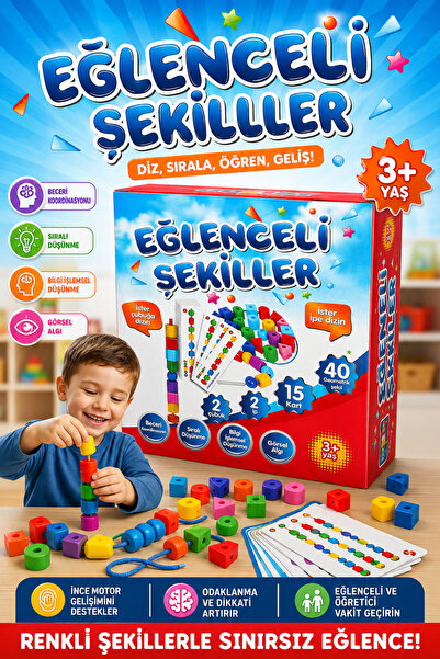 PAKİTO Eğlenceli Geometrik Şekiller Renk Beceri İpe Dizme Oyunu