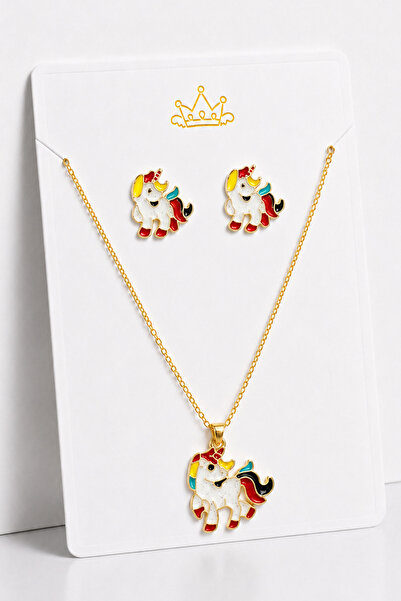 MakeWell Kız Çocuk Unicorn Kolye ve Küpe Seti Renkli Mineli Gold Zincir Takı ...