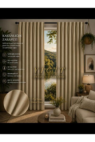 Karesi 05 Krem Rengi Düz Ekstrafor Büzgülü (BLACKAUT) Karartma Perde