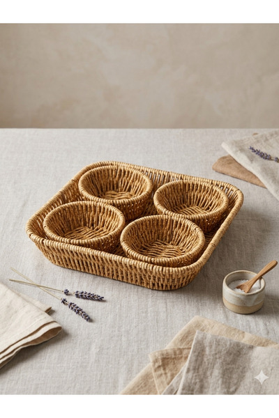 Ahşap Evi 4’lü Tepsili Rattan Çerezlik Hasır Sunum Seti