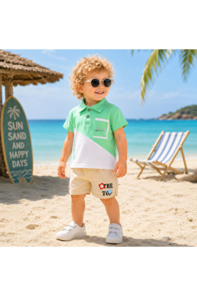 Bebelul Compleu baieti tricou vernil si pantaloni crem The Top