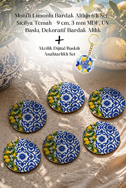 BYC TÜRKİYE Motifli Limonlu Bardak Altlığı 6’lı Set – Sicilya Temalı - 9 cm, ...