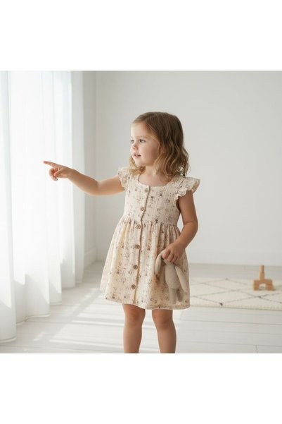 atölye kids Organic Muslin Buttoned Floral Printed Dress Trendy Style Fashion Festive Daily