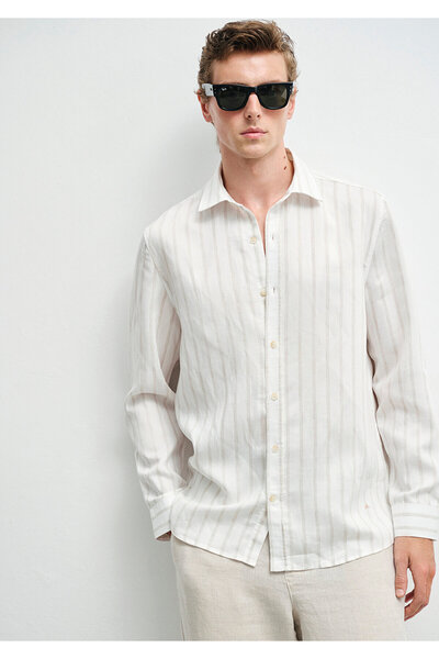 Mavi Bej Çizgili Ekru (TENCEL™) Liyosel Karışımlı Gömlek Regular Fit / Normal...
