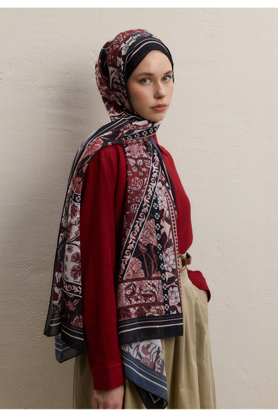 Freshscarfs Lılıes Desen İpek Krep Şal Bordo