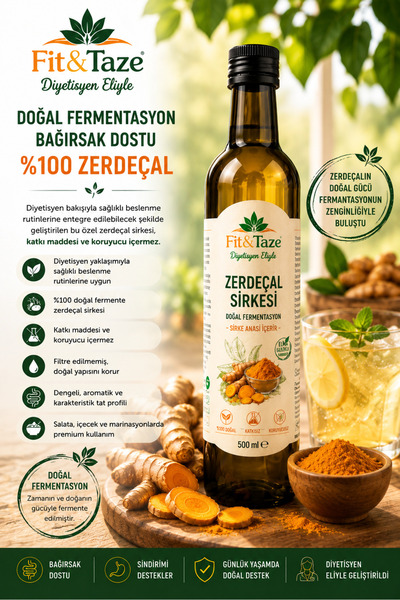 FİT & TAZE Doğal Fermantasyon Zerdeçal Sirkesi Cam Şişe 500 ml