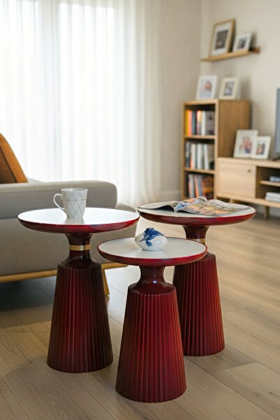 Veloni Calista Bordo Modern 3'lü Yan Sehpa Takımı | Zigon Sehpa Seti