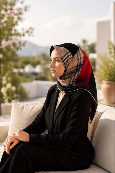 Vissona % 57 İPEK % 43 VİSKON Twill İpek Ekose Desenli Kırmızı - Siyah Renkli...