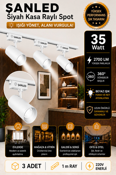 ŞANLED Led Beyaz Kasa Beyaz Işık 35wat Raylı Spot / 3 Adet 1 Metre Ray