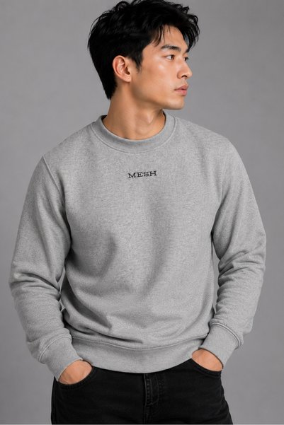 Mesh Men's Winter Gray Crew Neck Premium Sweatshirt Embroidered Soft