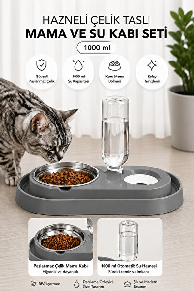 Miapet Çelik Taslı LÜX Hazneli Kedi-Köpek Mama Ve Su Kabı Seti 1000ml Gri