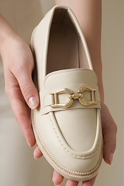 ZOLESSA Kadın Krem Loafer Gold Toka Detaylı Klasik Ayakkabı Deri Casual Günlü...