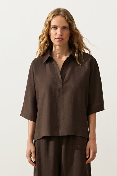 Oysho Oversize short-sleeve 100% linen polo shirt