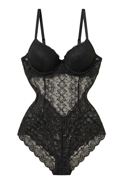 FNC design Kadın Siyah Destekli Balenli Dantelli Büstiyer Bodysuit