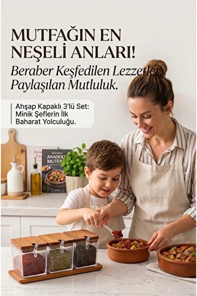 RealWood Doğal Ahşap Kapaklı Standlı 3'lü Baharatlık