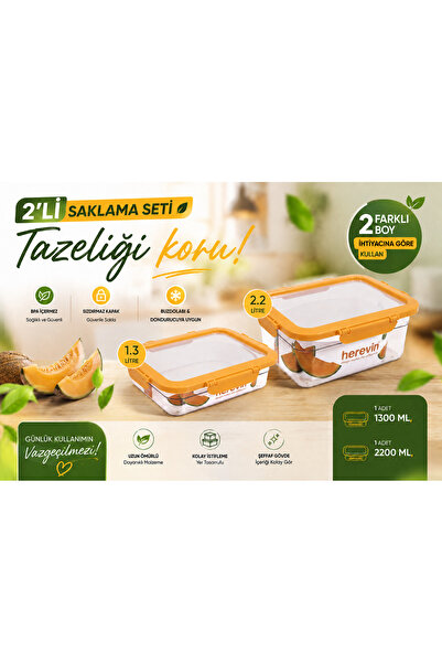 Herevin 2'li Turuncu Plastik Saklama Kabı Seti 1.3 ve 2.2 Litre