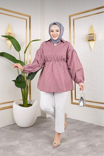 EnModa Women's White Striped Satin Hijab Shirt with Elastic Waist and Button ...