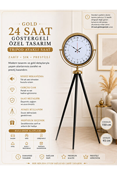 ZENTİME Gold 24 Saat Göstergeli Özel Tasarım Tripod Ayaklı Saat