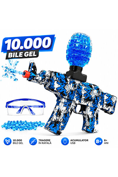PinkBlue Pusca electrica automata AK-47 set cu 10.000 bile gel, ochelari de p...